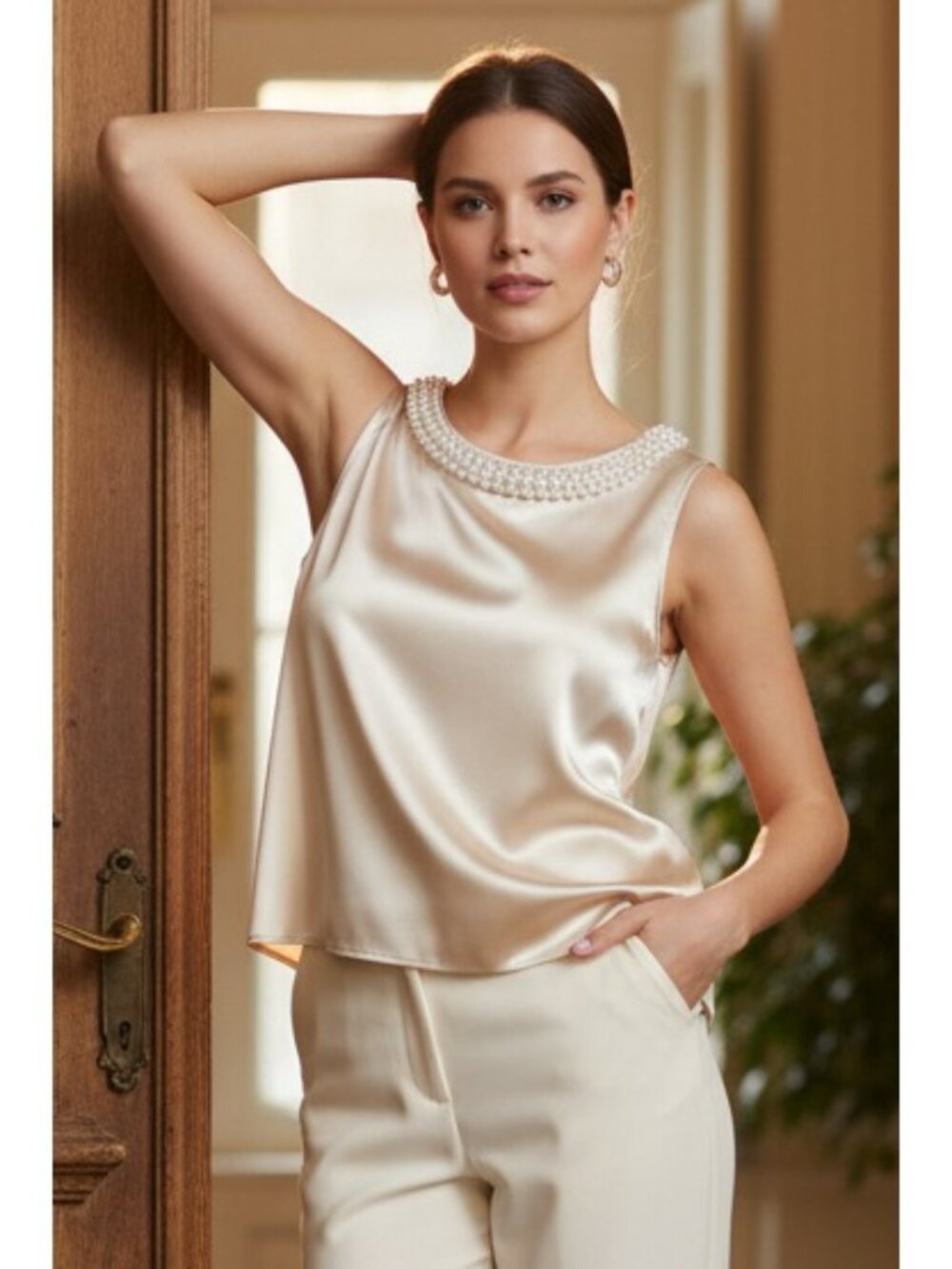 Faux Pearl Embellished Satin Sleeveless Blouse Round Neck Classy Statement Top